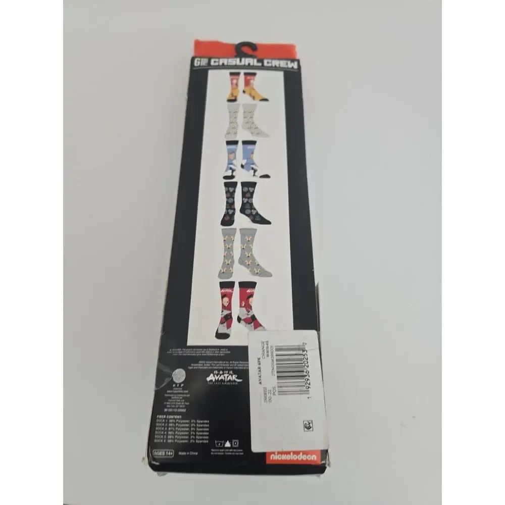 Avatar The Last Airbender 6 Pack Pair Casual Crew Socks Bioworld Shoe Size 8-12